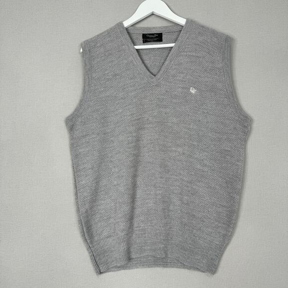 Vintage Christian Dior Sweater Vest Mens XL Gray Made USA 80s Academia Old Money - Picture 1 of 10